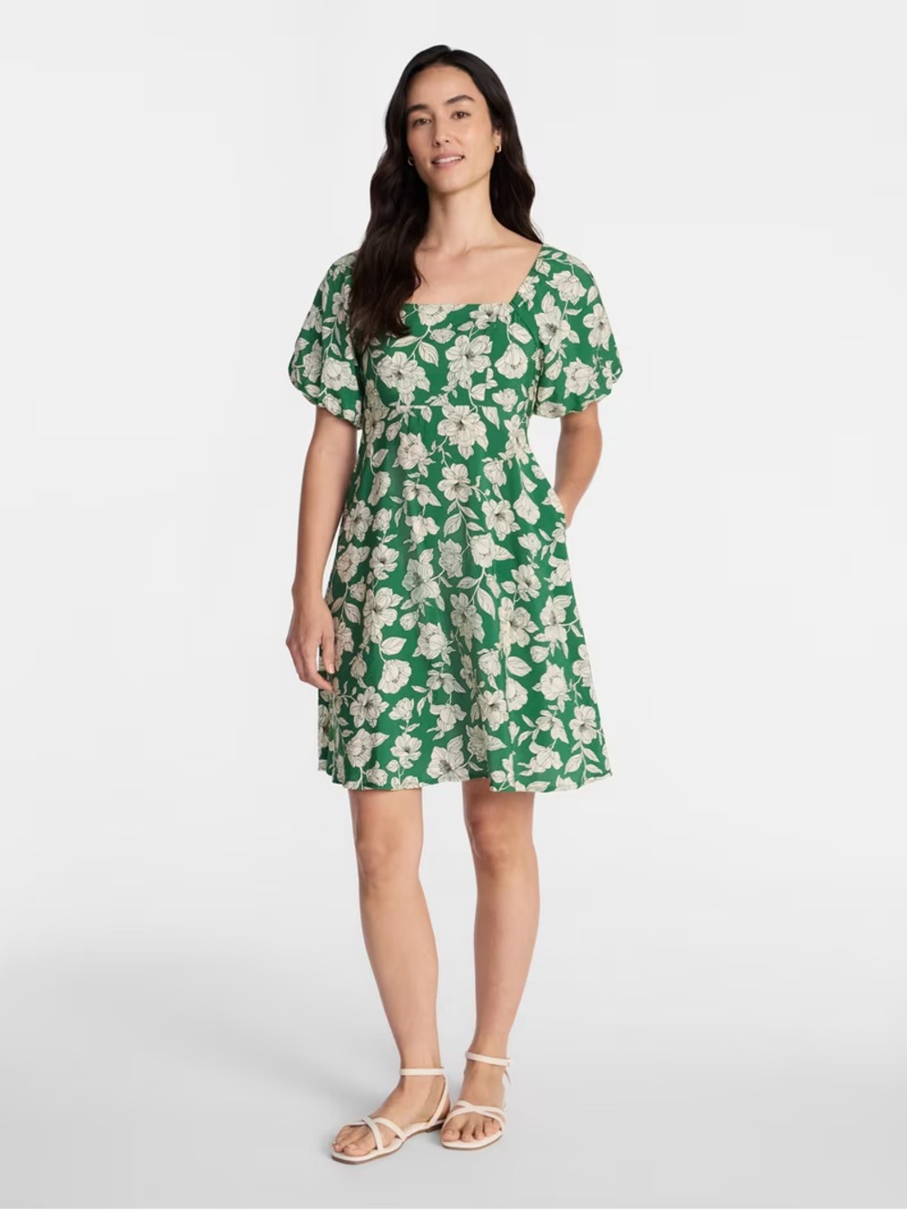 Time and Tru Green Floral Square-Neck Puff-Sleeve Mini Dress